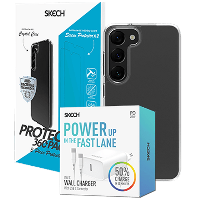 25W ערכה הכוללת כיסוי אחורי מגן מסך ומטען Skech Galaxy S23 - שקוף