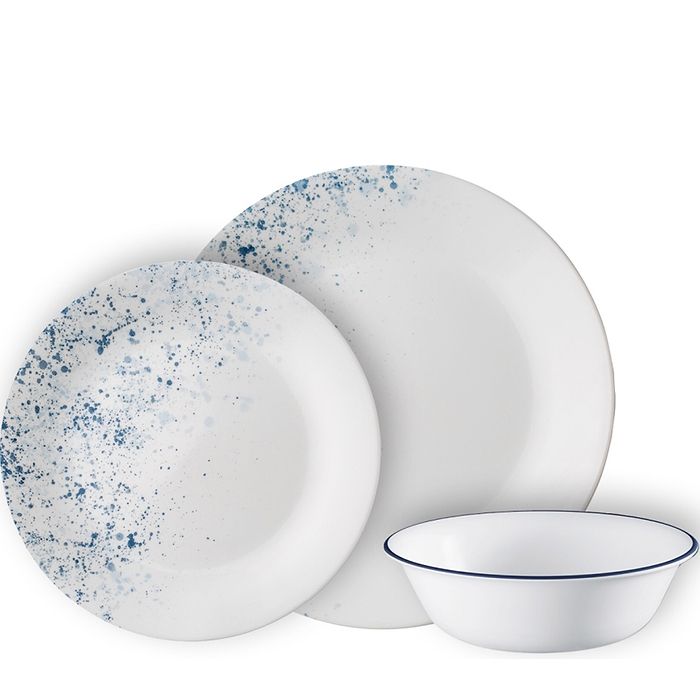 סט צלחות קורל 36 חלקים ל-12 סועדים דגם Indigo Speckle תוצרת קורנינג ארהב – הצלחות הדקות והחזקות בעולם!