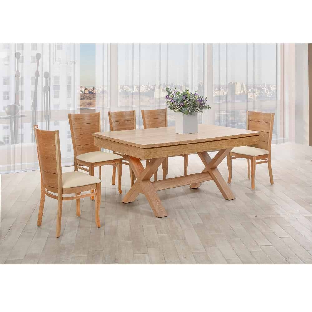 שולחן פינת אוכל מלבני נפתח מעץ מאסיבי ורגלי עץ בצורת איקס ברוקלין סולו דגם LEONARDO לאונרדו