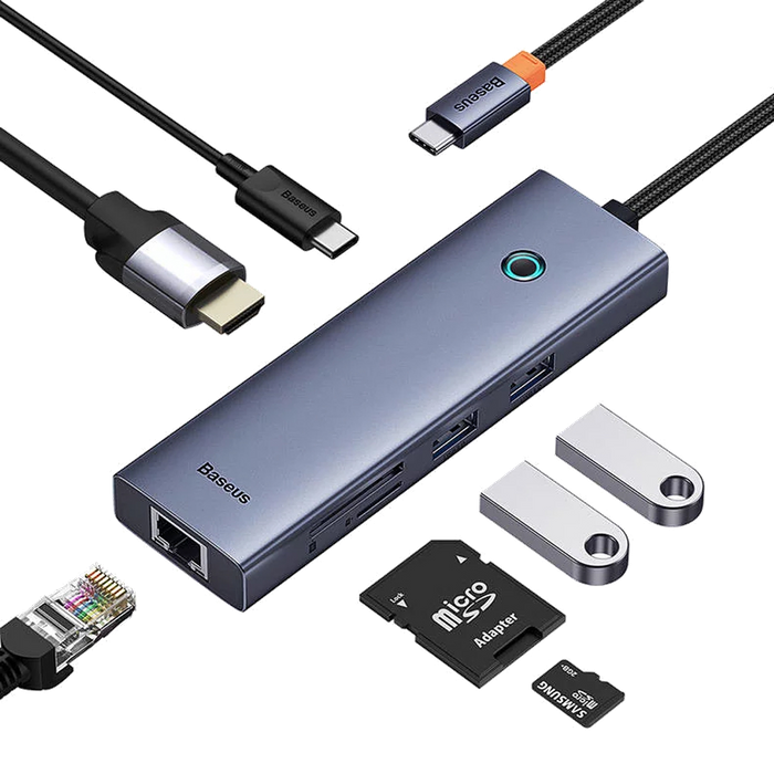 תחנת עגינה 7 ב-1 Baseus 7-Port HUB - צבע אפור שנה אחריות עי היבואן הרשמי