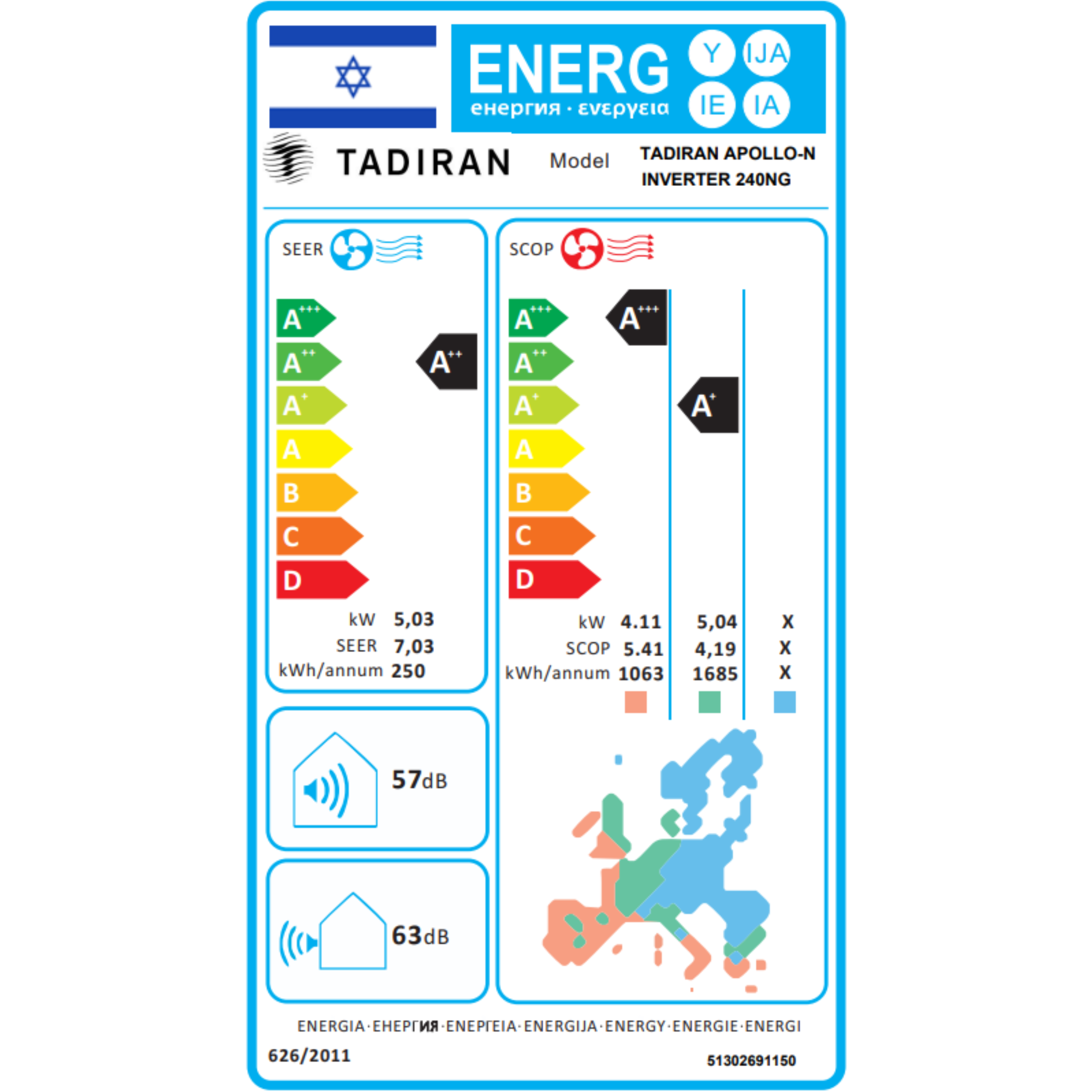מזגן עילי Tadiran Apollo N Inverter 240NG - צבע לבן חמש שנות אחריות ע