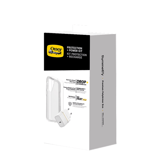 באנדל כיסוי שקוף, מגן מסך ומטען מהיר 30W ל-Samsung Galaxy S24 מבית OtterBox - צבע לבן שנה אחריות עי יבואן רשמי
