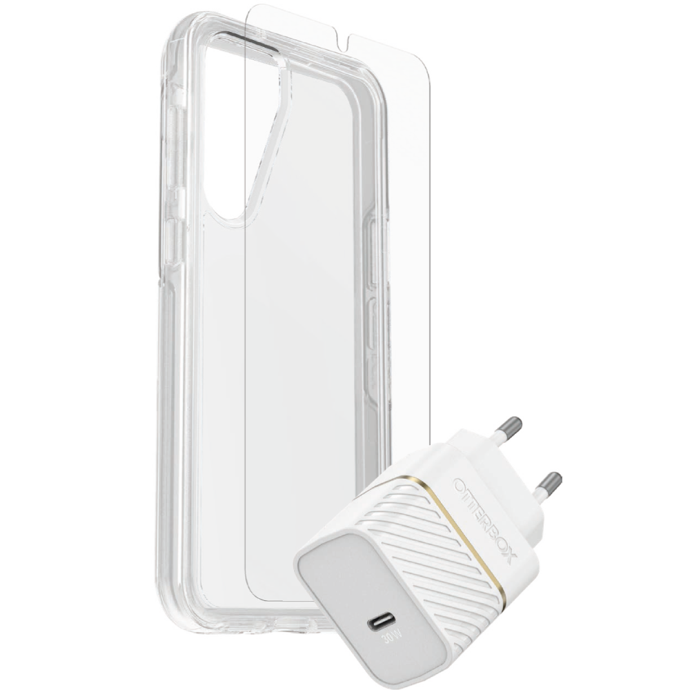 באנדל כיסוי שקוף, מגן מסך ומטען מהיר 30W ל-Samsung Galaxy S24 מבית OtterBox - צבע לבן שנה אחריות ע