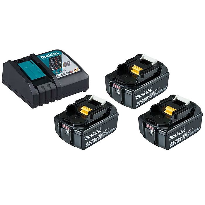 מארז 3 סוללות 18V 4Ah דגם BL1840 ומטען מהיר DC18RC מבית Makita