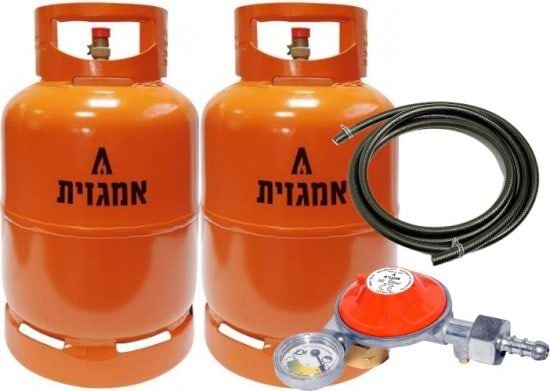 2 מיכל גז 5 ק''ג אמגזית + ערכת ווסת כולל שעון מד גז וצינור 2 מטר Amgazit