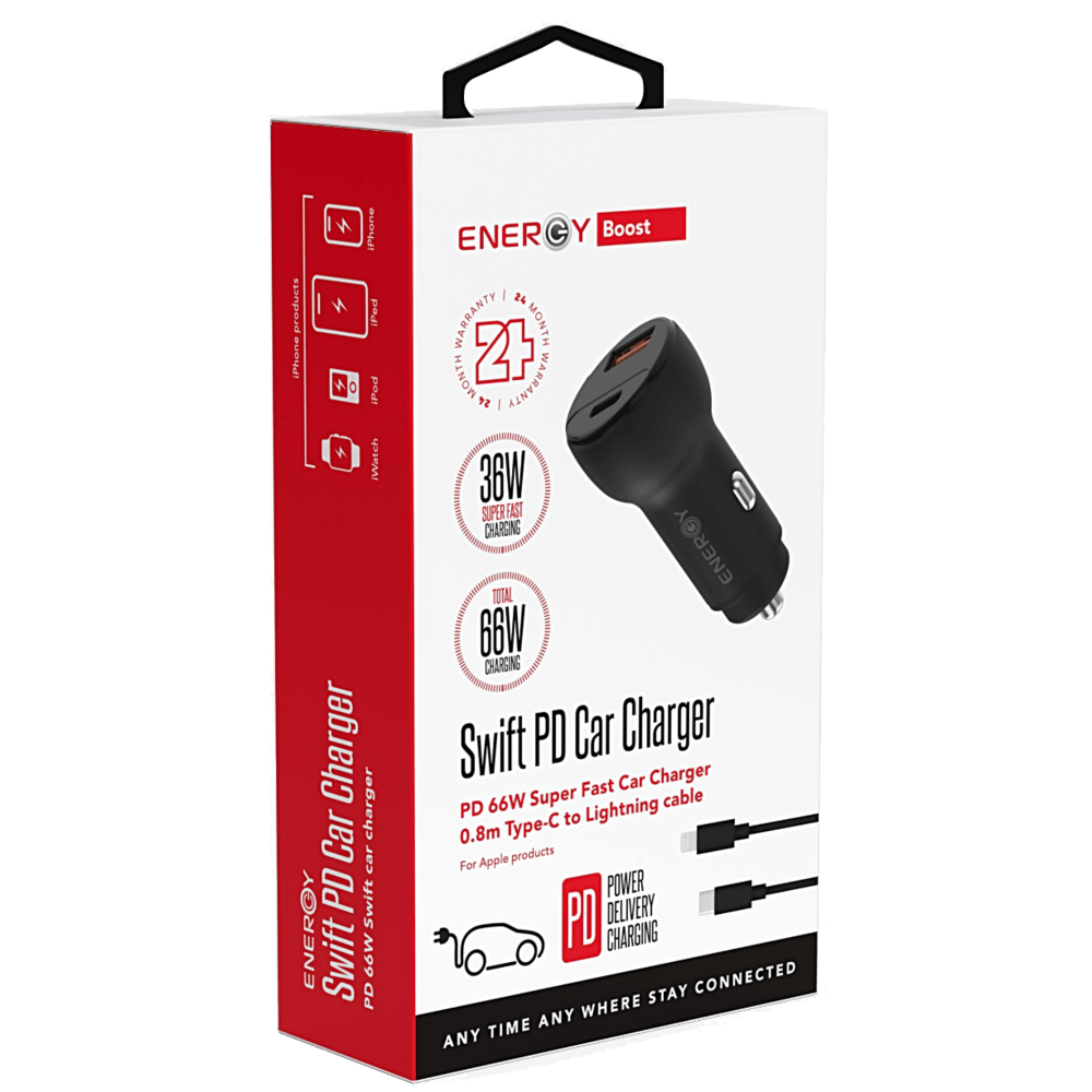 מטען לרכב Energy Swift PD 66W עם יציאת USB-C ו-USB-A כולל כבל USB-C to Lightning - צבע שחור שנתיים אחריות ע