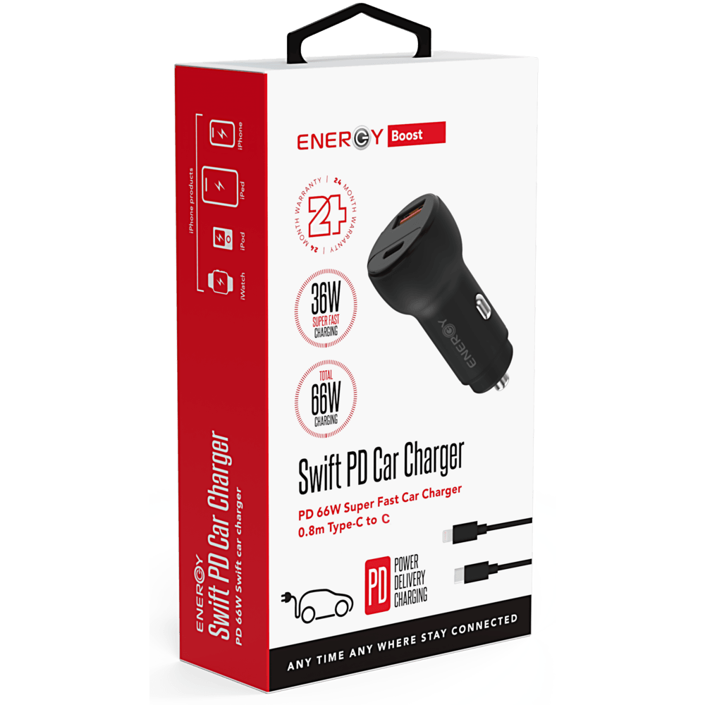 מטען לרכב Energy Swift PD 66W עם יציאת USB-C ו-USB-A כולל כבל USB-C to USB-C- צבע שחור שנתיים אחריות ע