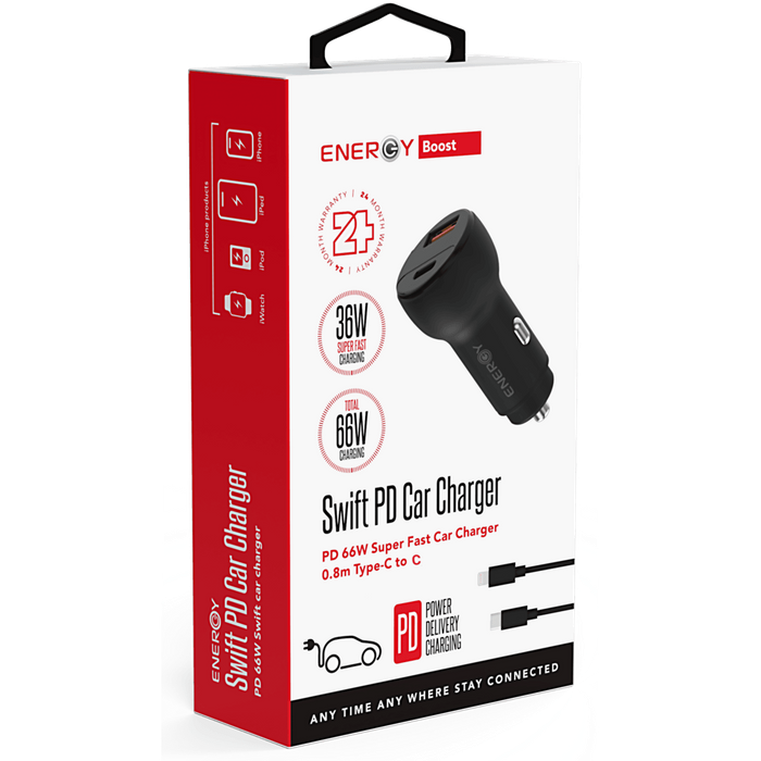 מטען לרכב Energy Swift PD 66W כולל כבל USB-C to USB-C באורך 0.8 מטר - צבע שחור שנתיים אחריות עי היבואן הרשמי
