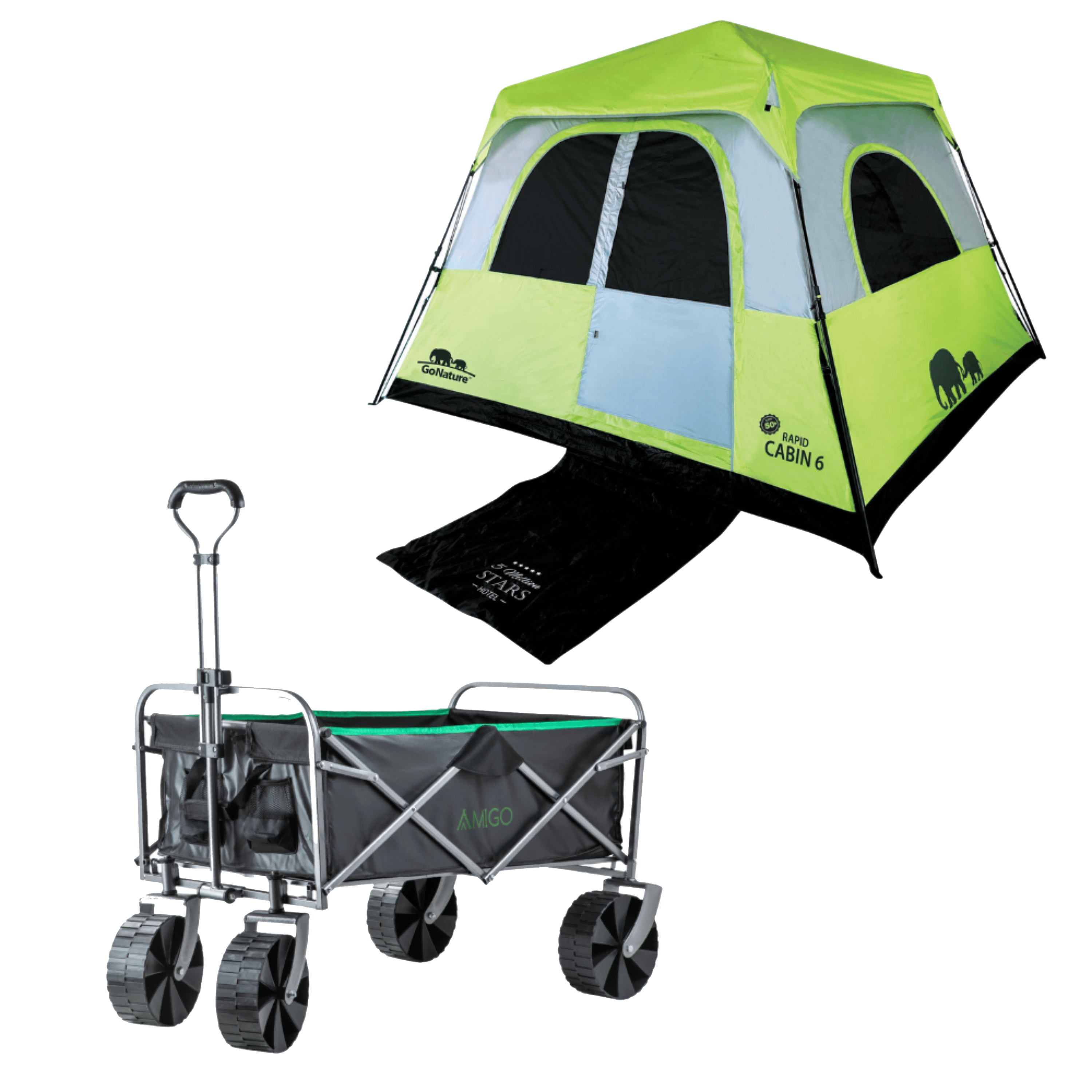 סט קמפינג אוהל RAPID CABIN ל-6 אנשים ועגלת שטח Wide Glide Amigo GoNature