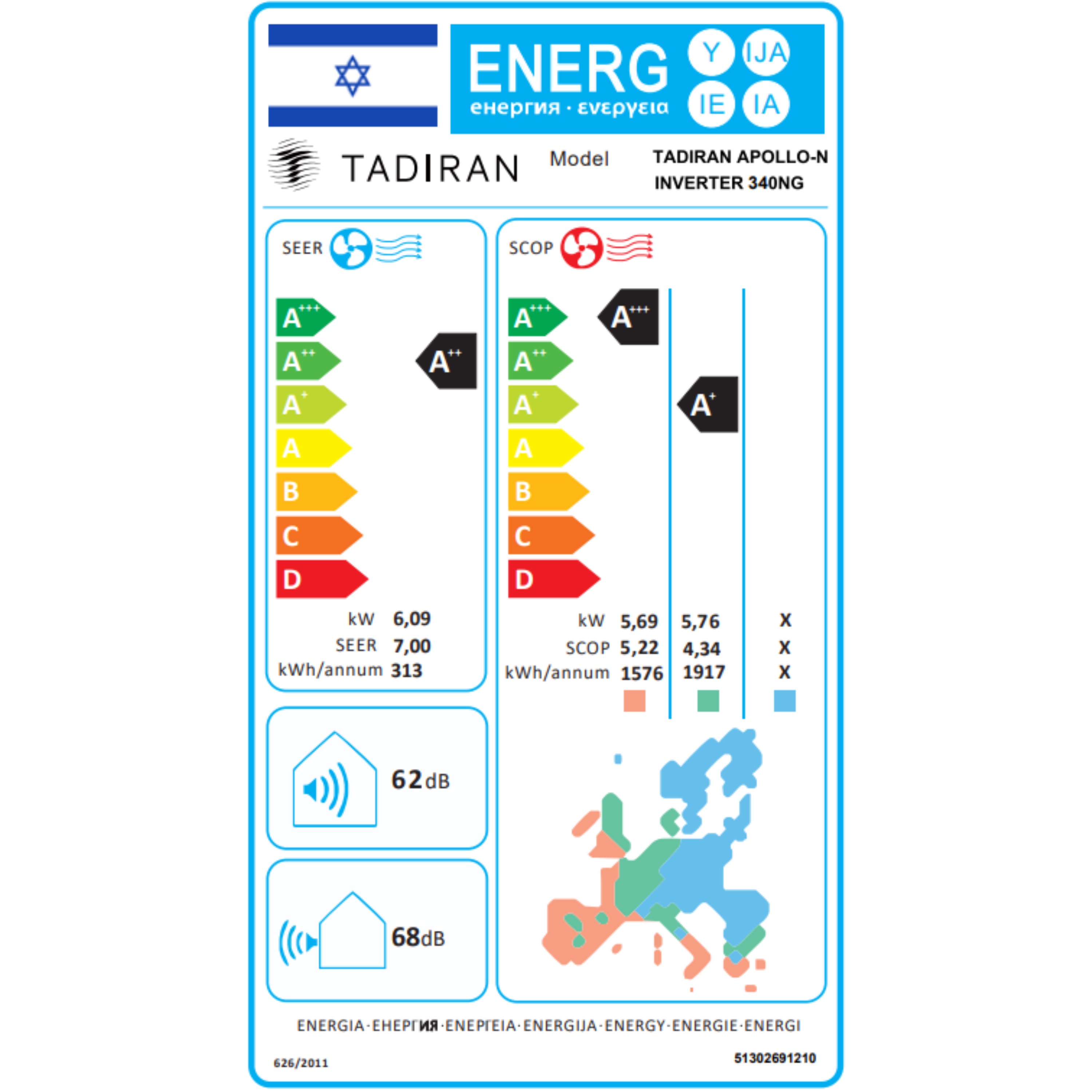 מזגן עילי Tadiran Apollo N Inverter 340NG - צבע לבן חמש שנות אחריות ע