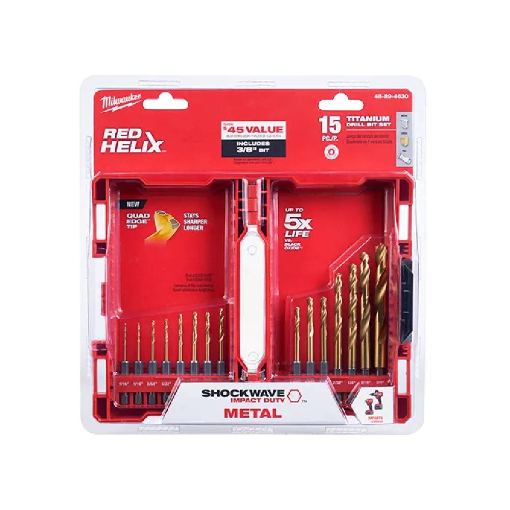 סט מקדחים חיבור אימפקט 15 חלקים SHOCKWAVE לעץ ומתכת דגם:48-89-4630 מבית MILWAUKEE