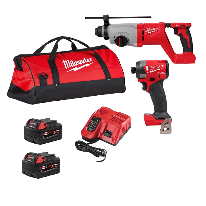 סט 18V בראשלס אימפקט + פטישון עם 2 סוללות 5AH ומטען Milwaukee 4933492798