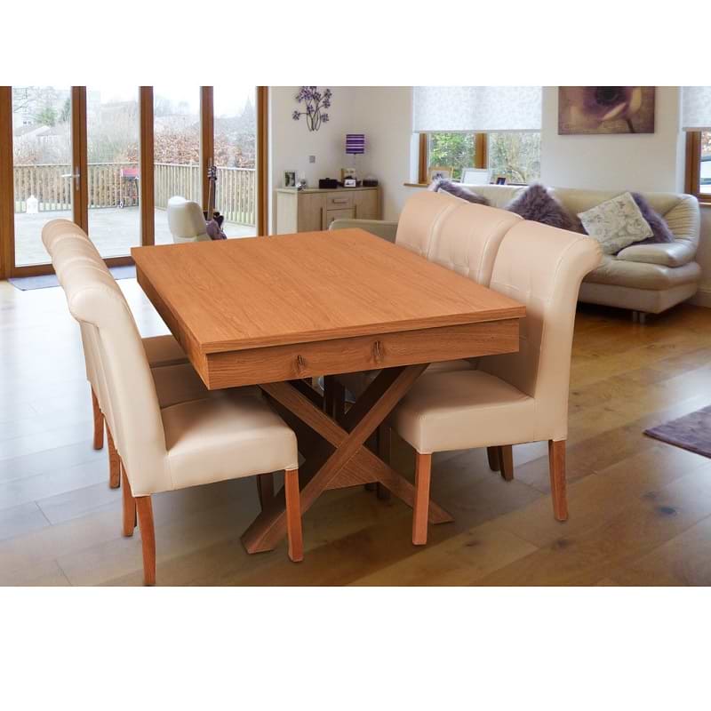 שולחן פינת אוכל מלבני נפתח מעץ מאסיבי ורגלי עץ בצורת איקס ברוקלין סולו דגם LEONARDO לאונרדו