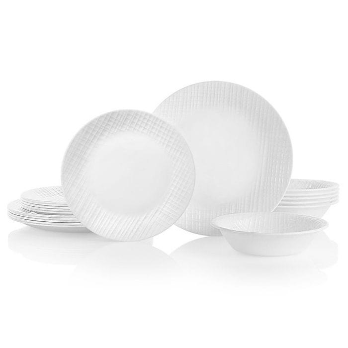סט צלחות 12 חלקים ל-4 סועדים של קורנינג דגם Linen Weave תוצרת ארהב – הצלחות החזקות בעולם!