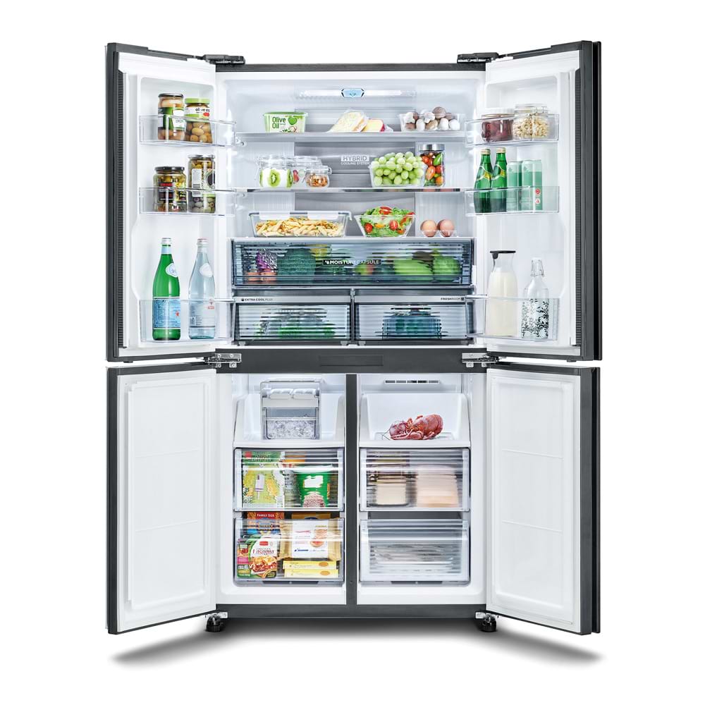 מקרר 4 דלתות מקפיא תחתון 525 ליטר נטו Sharp SJ-8570-SL עם התקן שבת מובנה - גימור נירוסטה מושחרת אחריות ע