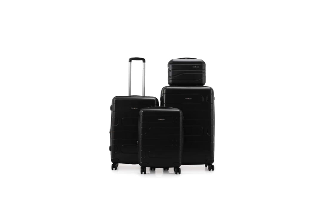 סט מזוודות קשיחות בלתי שבירות 3 יחידות מידות |30|26|20 אינץ' דגם Wander צבע שחור Swiss Voyager - תיק איפור במתנה