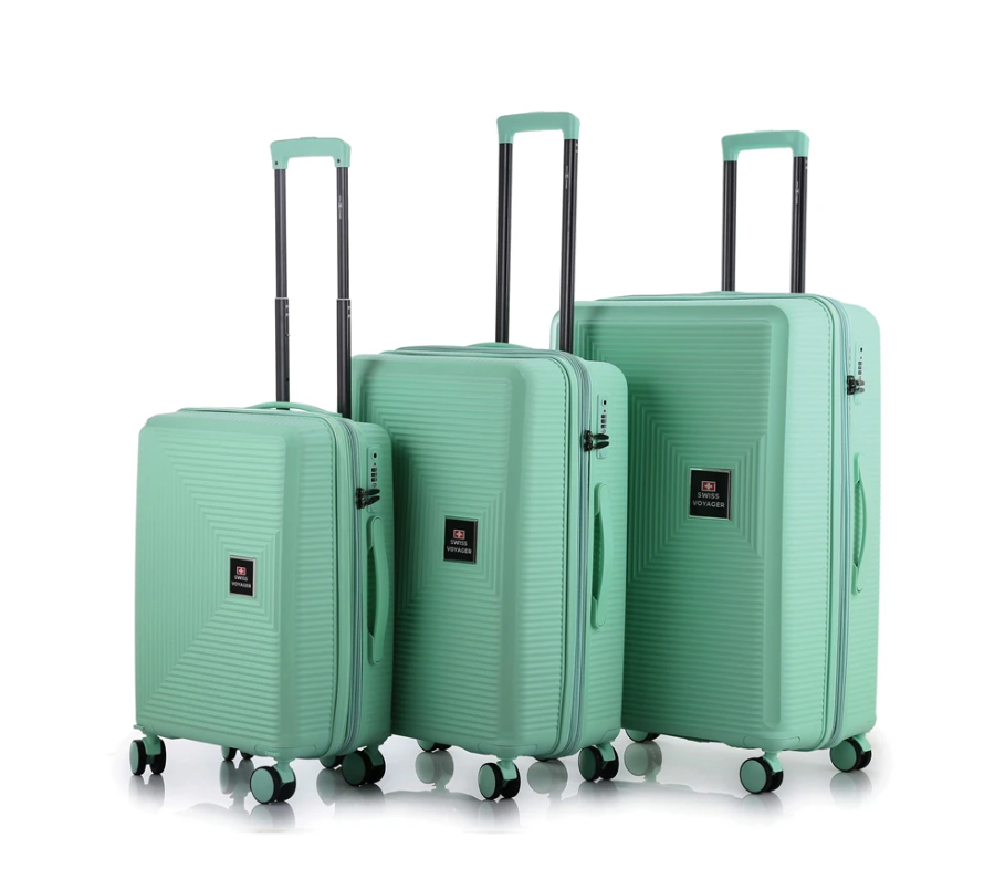 סט מזוודות קשיחות עמידות בשבר 3 יחידות מידות |30|26|20 אינץ' דגם Boston צבע מנטה Swiss Voyager - תיק איפור מתנה
