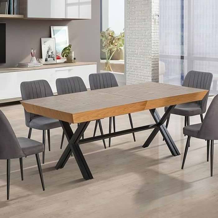 פינת אוכל מלבנית נפתחת 4-ל מטרים + 6 כסאות חום בהיר דגם מאיה אור LEONARDO לאונרדו
