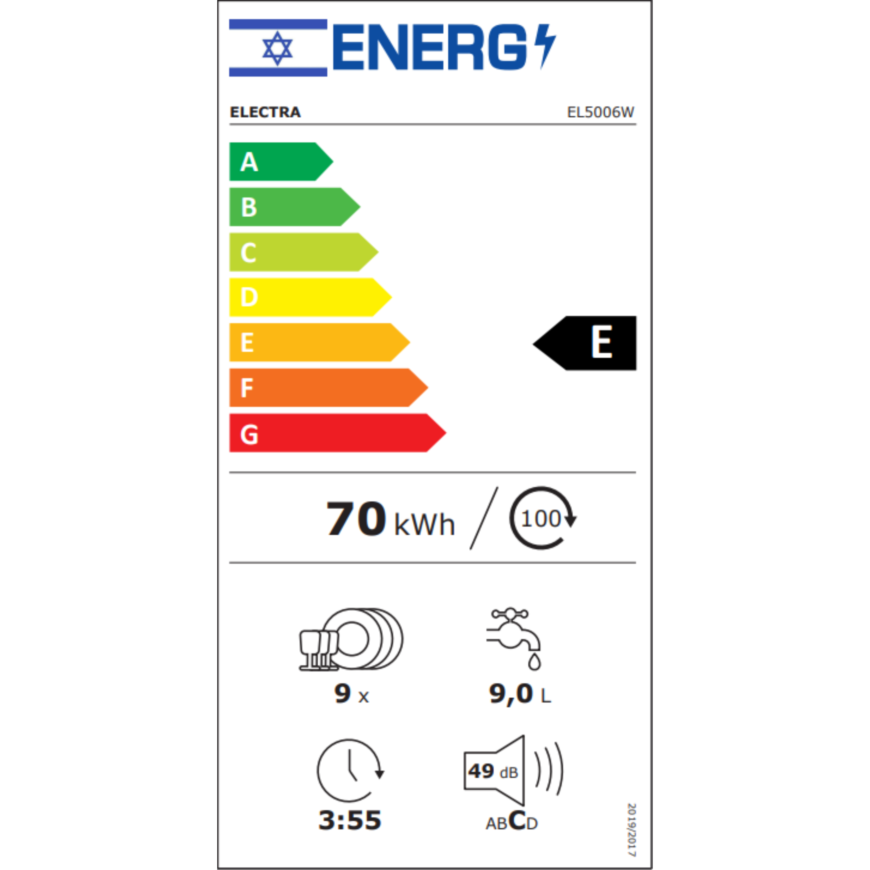 מדיח כלים צר 9 מערכות כלים Electra EL5006W - גימור לבן אחריות ע