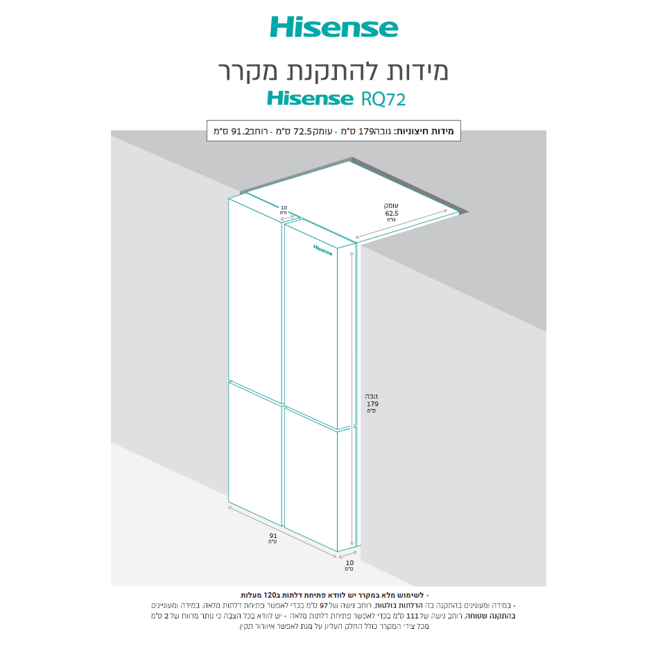 מקרר 4 דלתות מקפיא תחתון 609 ליטר Hisense RQ72-B עם מנגנון שבת מהדרין - גימור נירוסטה שחורה שנה אחריות ע
