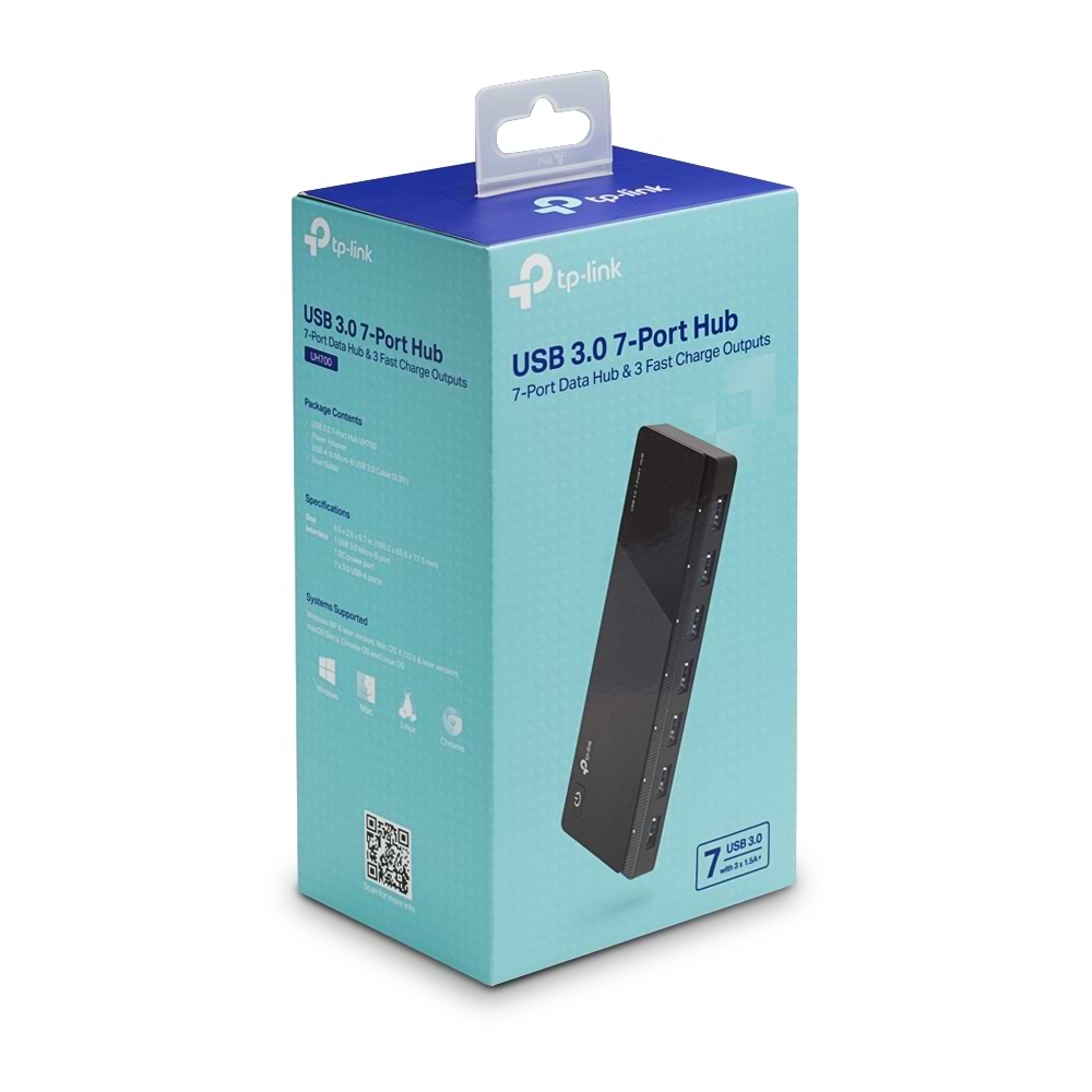 מפצל TP-Link UH720 USB 3.0 7-Port Hub - צבע שחור שלוש שנות אחריות ע