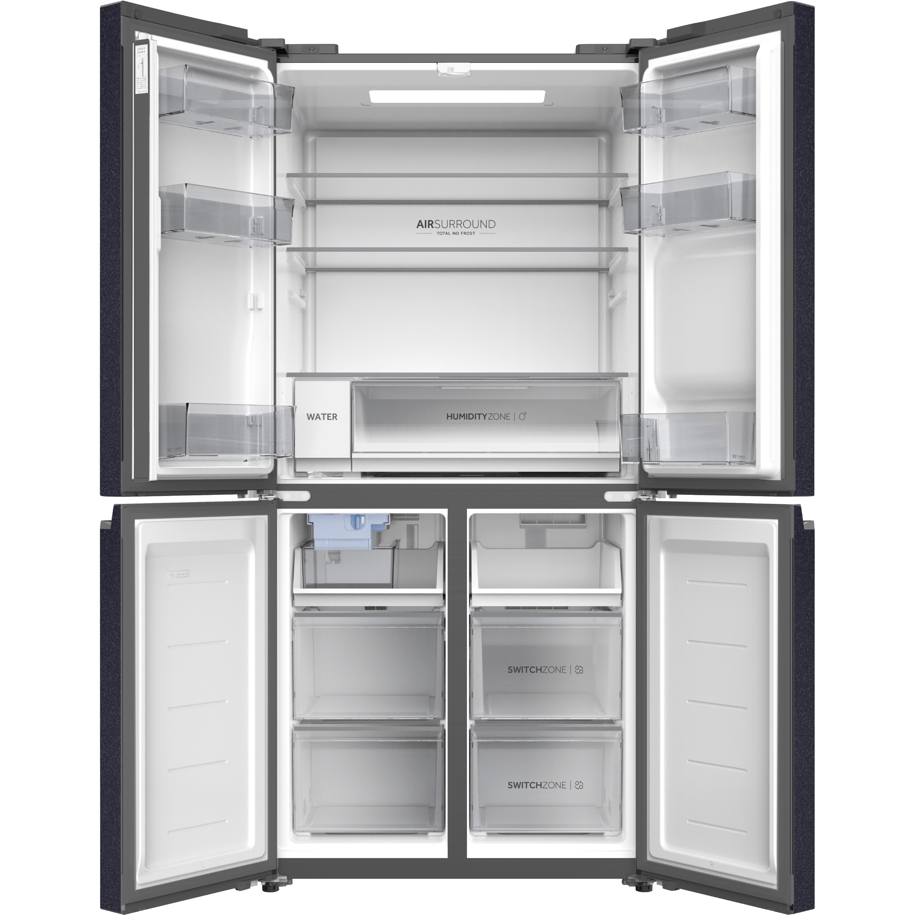 מקרר 4 דלתות מקפיא תחתון 504 ליטר Haier HRF-5800BS כולל קיוסק ויצרן קרח אוטומטי -  גימור נירוסטה מושחרת אחריות ע
