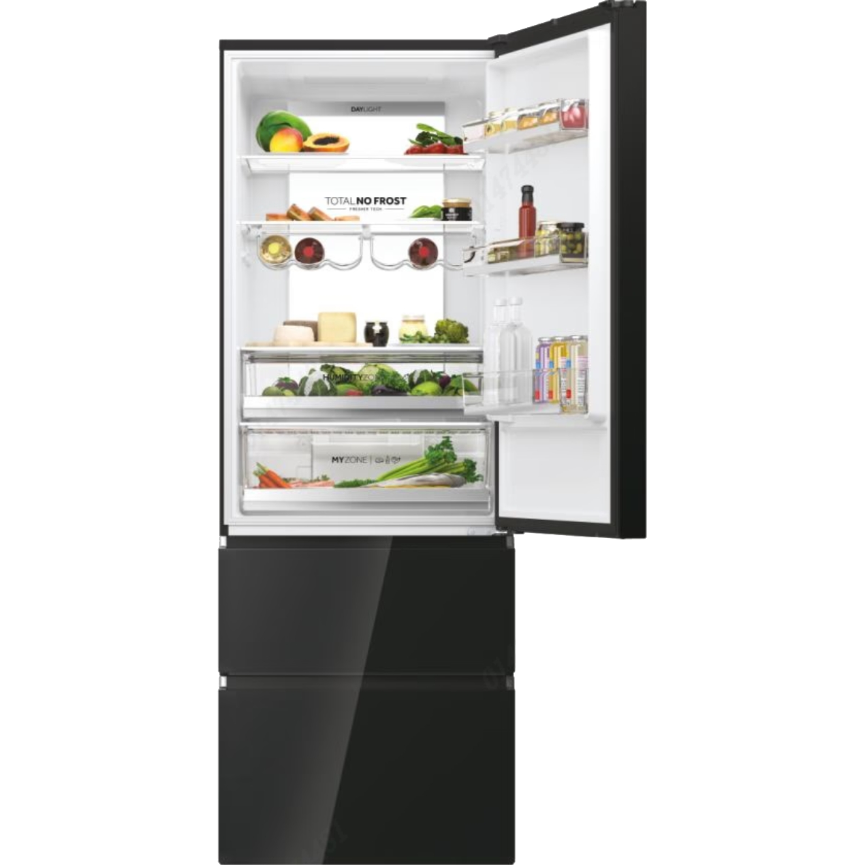 מקרר מקפיא תחתון 3 דלתות 483 ליטר נטו Haier HTW7720DNGB - גימור זכוכית שחורה אחריות ע