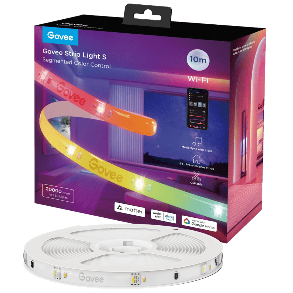 פס תאורה חכמה LED באורך 10 מטרים עם ציפוי מגן Govee RGBIC Strip Light S - צבע לבן שנה אחריות ע