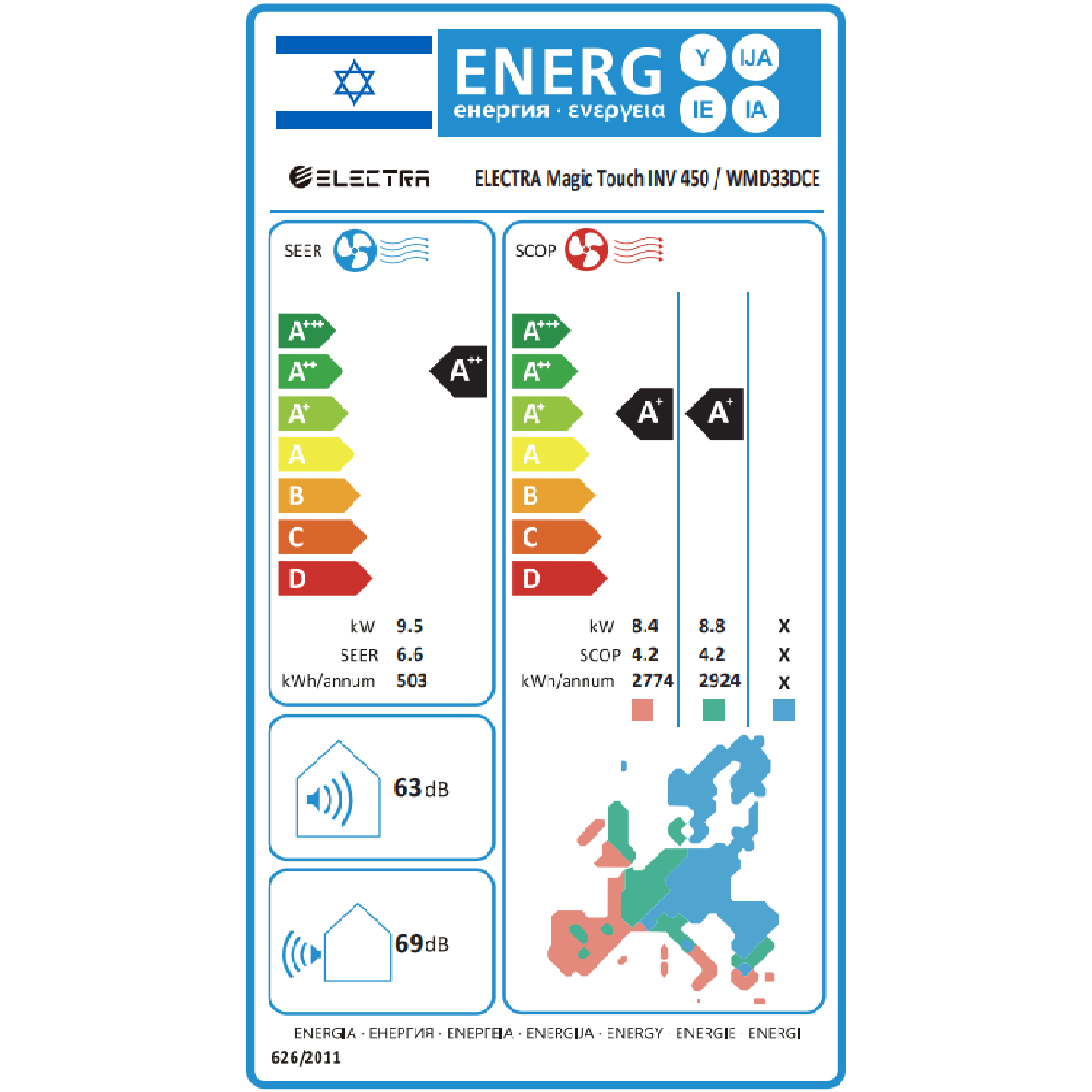 מזגן עילי Electra Magic Touch Inverter 450 - צבע לבן חמש שנות אחריות ע