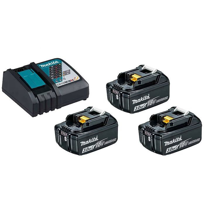 מארז 3 סוללות 18V 3Ah דגם BL1830 ומטען מהיר DC18RC מבית Makita