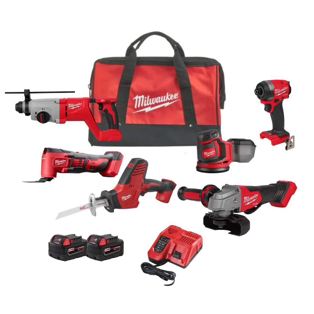 סט 6 חלקים 18V עם 2 סוללות 5AH ומטען מהיר בתיק  MILWAUKEE 6 PCS KIT 