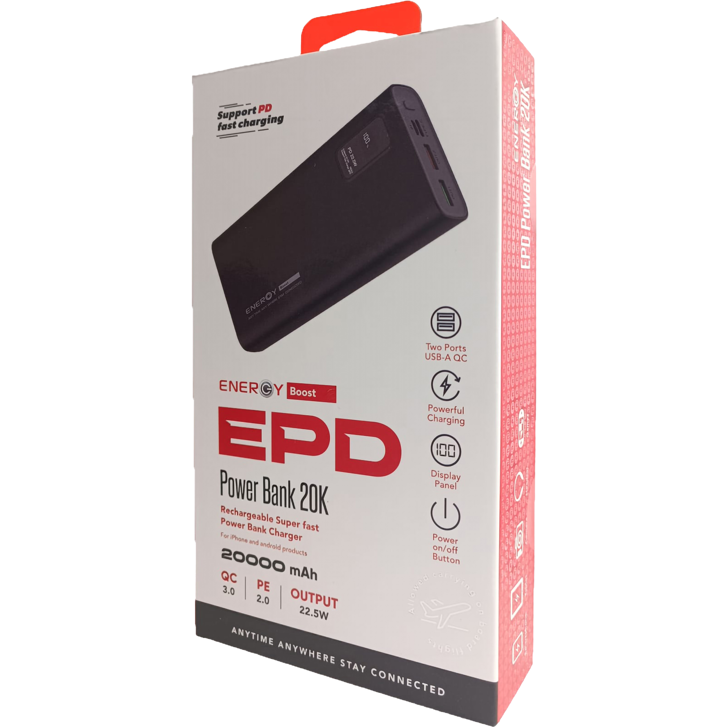 סוללת גיבוי ניידת עם צג דיגיטלי Energy EPD 22.5W 20000mAh - צבע שחור שנה אחריות ע