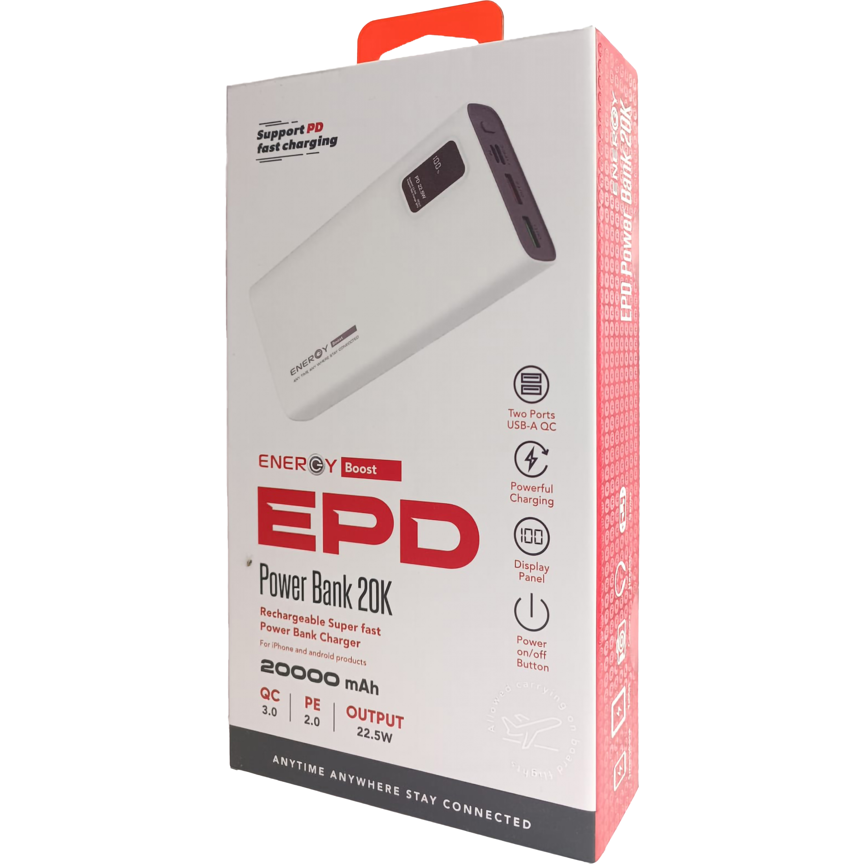 סוללת גיבוי ניידת עם צג דיגיטלי Energy EPD 22.5W 20000mAh - צבע לבן שנה אחריות ע