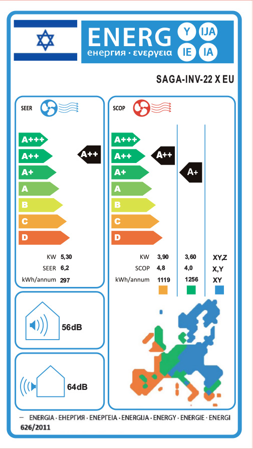 מזגן עילי Saga INV 22X WIFI EU - צבע לבן ארבע שנות אחריות ע