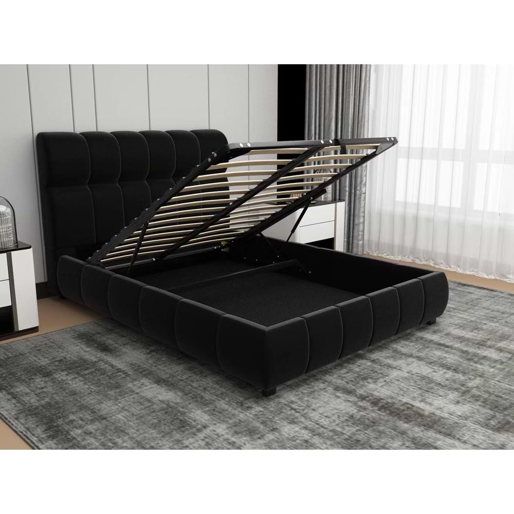 מיטה זוגית 140 190 עם ארגז מצעים ריפוד בד קווין Home Decor בצבע שחור