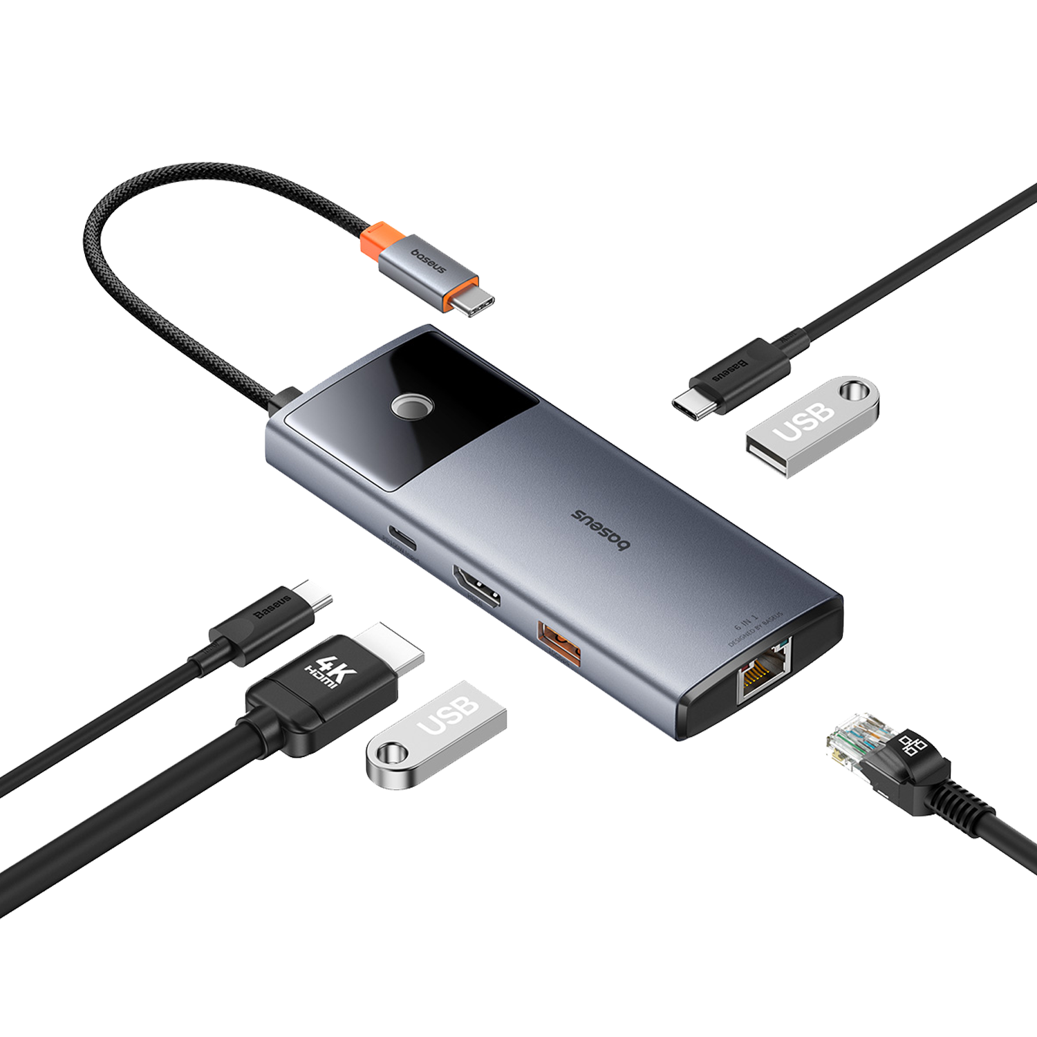 תחנת עגינה Baseus Metal Gleam Series II 6-in-1 - צבע אפור שנה אחריות ע