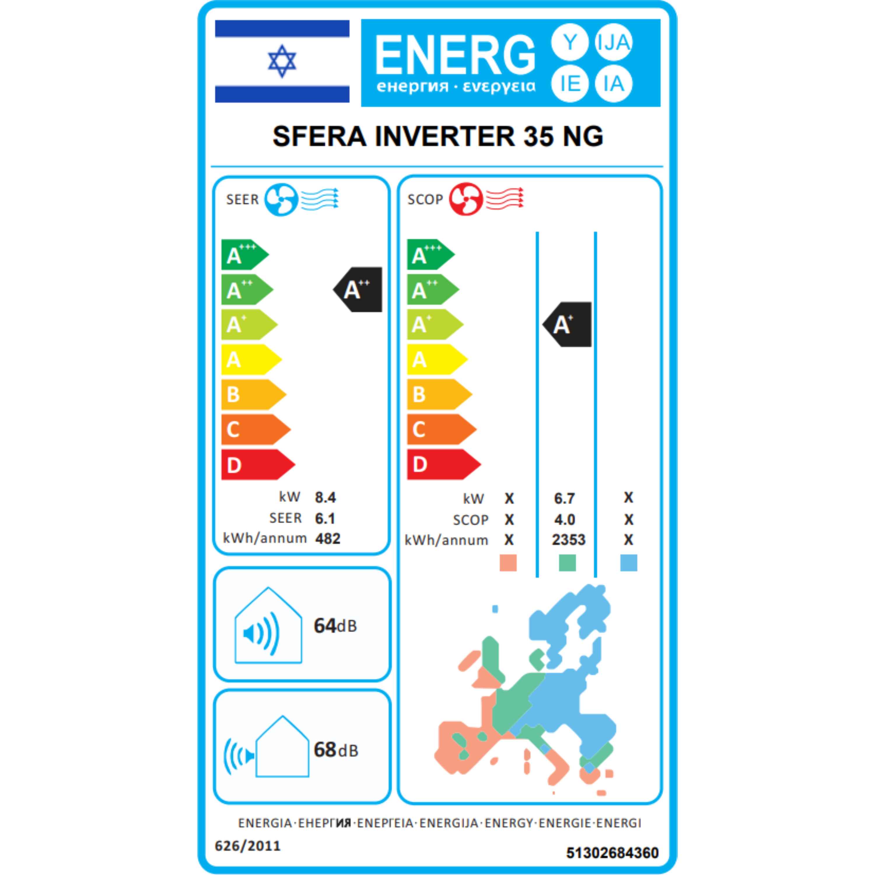 מזגן עילי מבית תדיראן  Sfera Inverter 35 NG - צבע לבן שלוש שנות אחריות ע