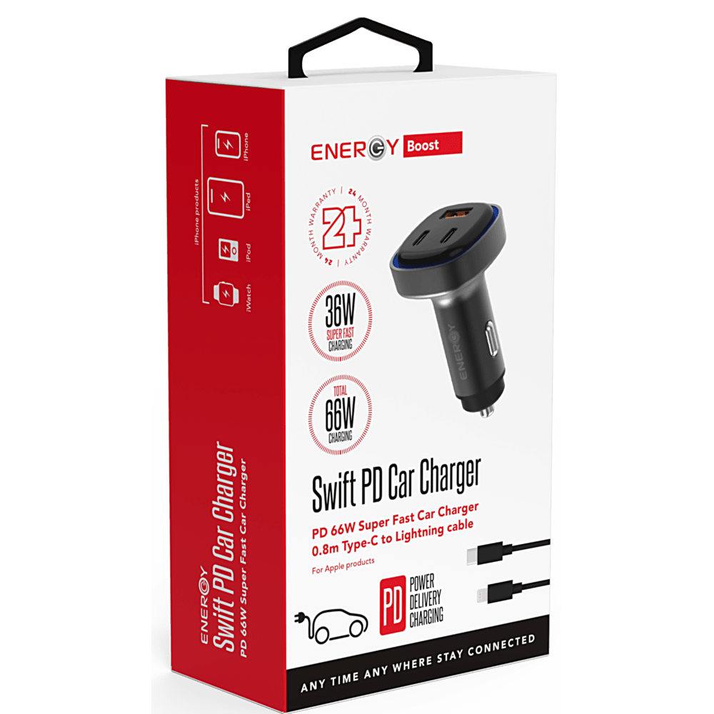 מטען לרכב Energy Swift PD 66W עם שתי יציאות USB-C ויציאת USB-A כולל כבל USB-C to Lightning - צבע שחור שנתיים אחריות ע