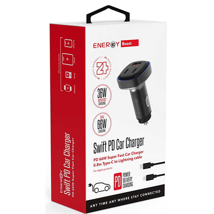 מטען לרכב Energy Swift PD 66W עם שני יציאות USB-C ויציאת USB-A כולל כבל USB-C to Lightning - צבע שחור שנתיים אחריות עי היבואן הרשמי
