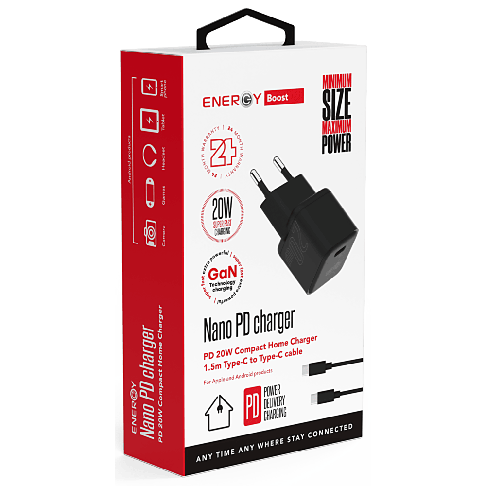 מטען Energy Nano PD 20W כולל כבל USB-C to USB-C באורך 1.5 מטר - צבע שחור שנתיים אחריות ע