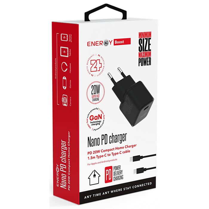 מטען Energy Nano PD20W כולל שקע USB-C - צבע שחור שנתיים אחריות עי היבואן הרשמי