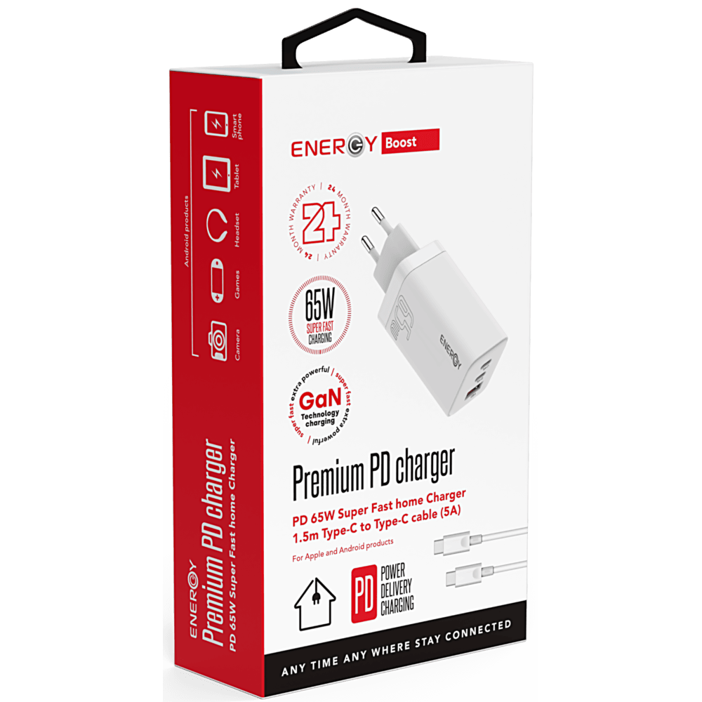 מטען Energy Premium PD 65W כולל כבל USB-C to USB-C באורך 1.5 מטר - צבע לבן שנתיים אחריות ע