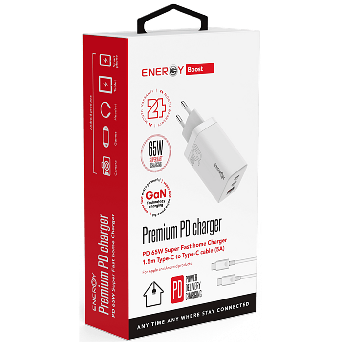 מטען Energy Premium PD 65W כולל כבל USB-C to USB-C באורך 1.5 מטר - צבע לבן שנתיים אחריות עי היבואן הרשמי