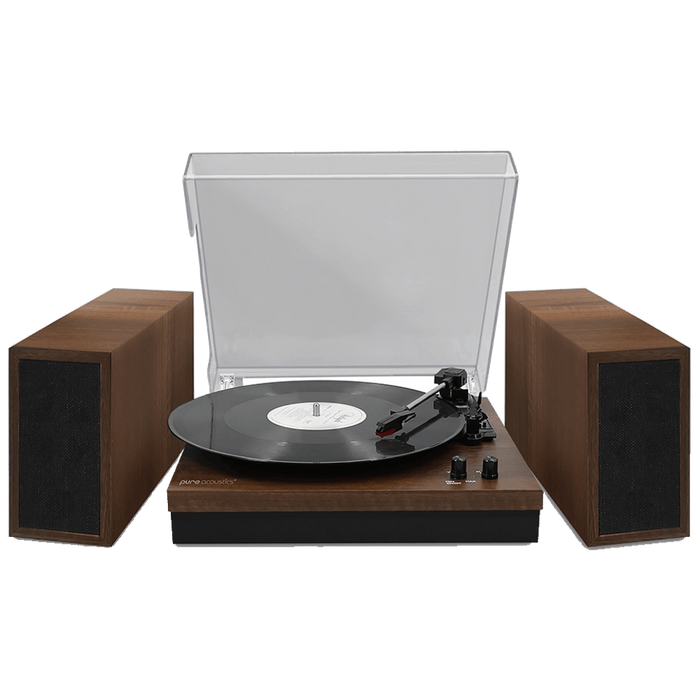 פטיפון Bluetooth עם רמקולים סטריאו וכיסוי Pure acoustics TT-45 - צבע עץ רטרו שנה אחריות עי היבואן הרשמי