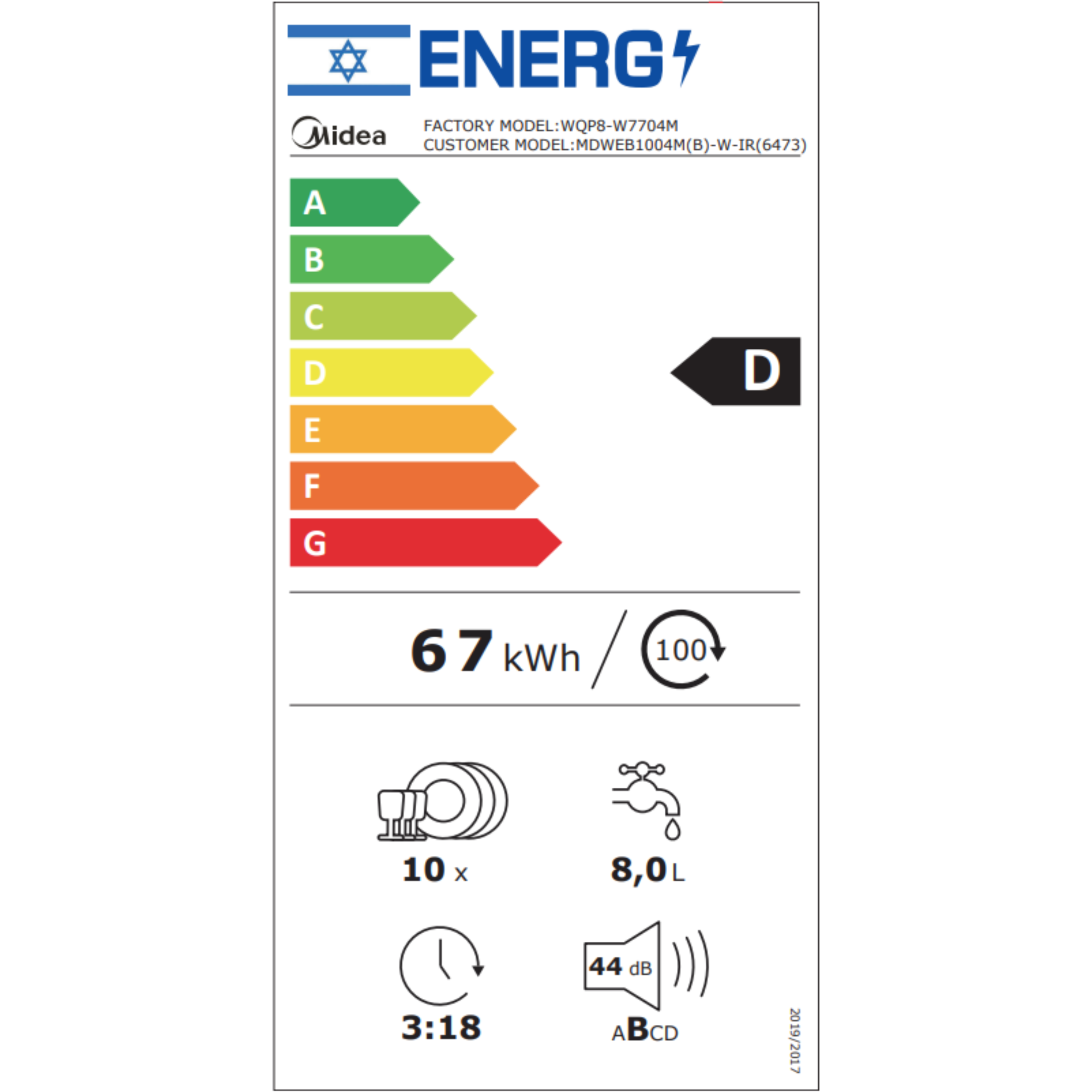מדיח כלים אינטגראלי צר 10 מערכות כלים Midea WQP8-W7704M/6473 - אחריות ע