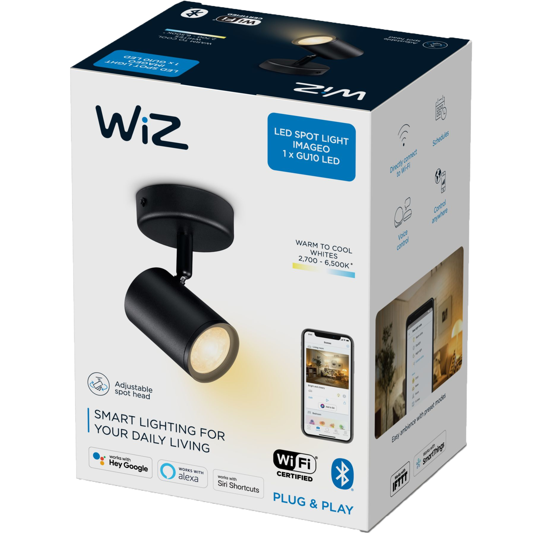 גוף תאורה חכם Wiz IMAGEO WiZ Spots 1x5W B TW - צבע שחור שנתיים אחריות ע"י היבואן הרשמי