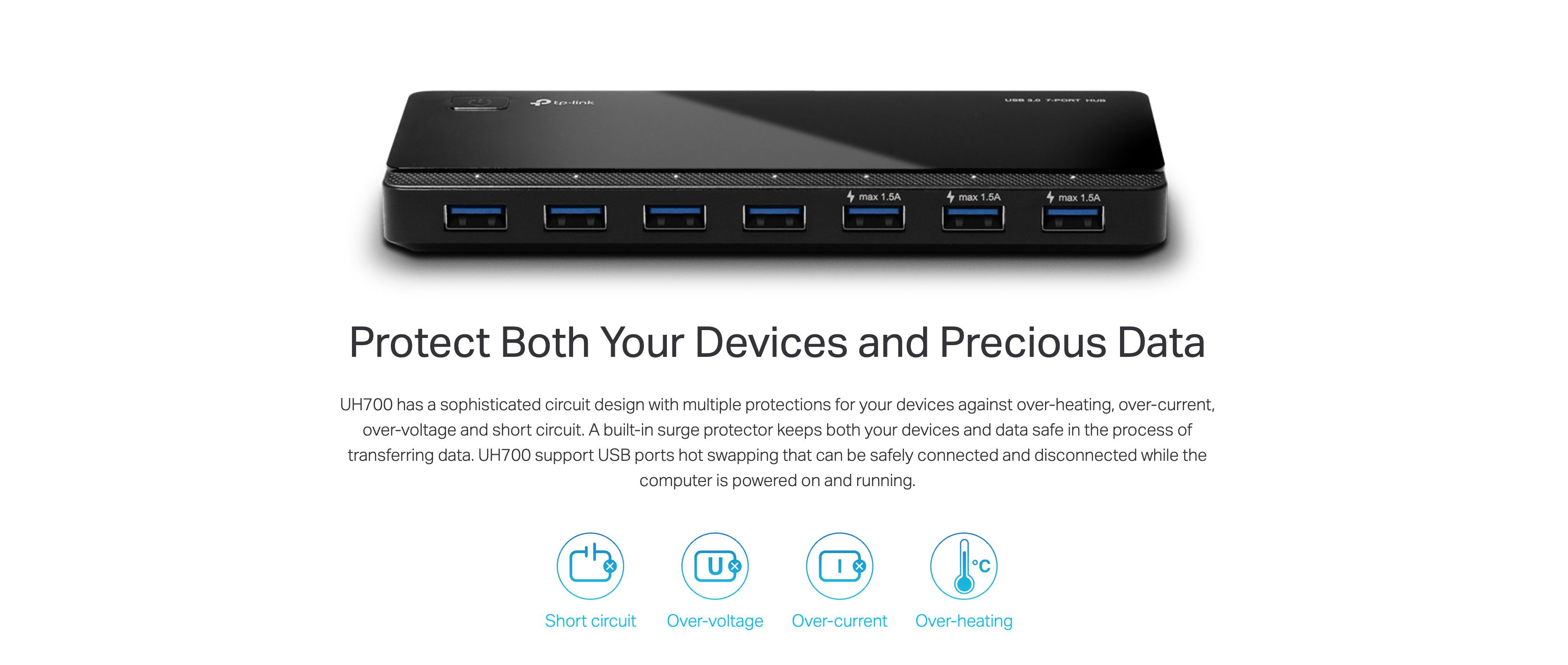 מפצל TP-Link UH720 USB 3.0 7-Port Hub - צבע שחור שלוש שנות אחריות ע"י היבואן הרשמי