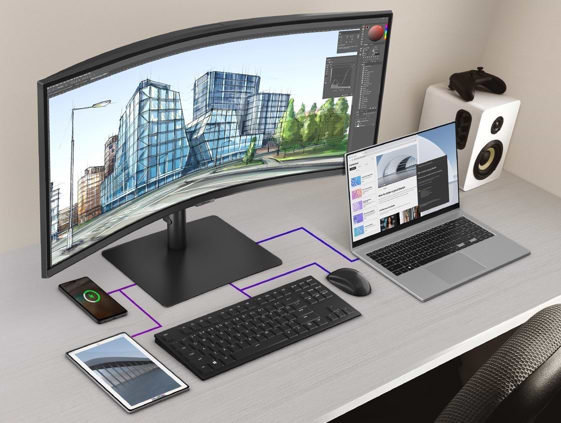 מסך מחשב עם רמקולים ומצלמה מובנית 34'' Samsung ViewFinity S6 S34C650VAM FreeSync VA UWQHD 100Hz - צבע שחור שלוש שנות אחריות ע"י היבואן הרשמי