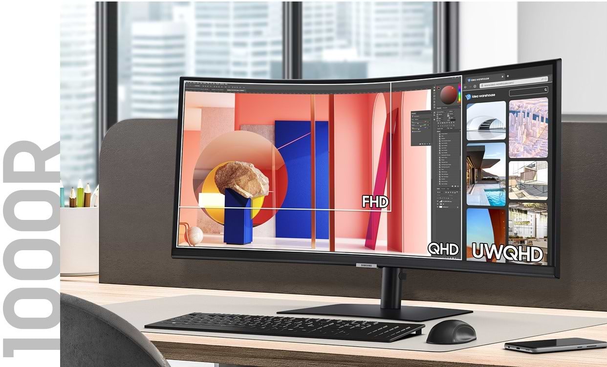 מסך מחשב עם רמקולים ומצלמה מובנית 34'' Samsung ViewFinity S6 S34C650VAM FreeSync VA UWQHD 100Hz - צבע שחור שלוש שנות אחריות ע"י היבואן הרשמי