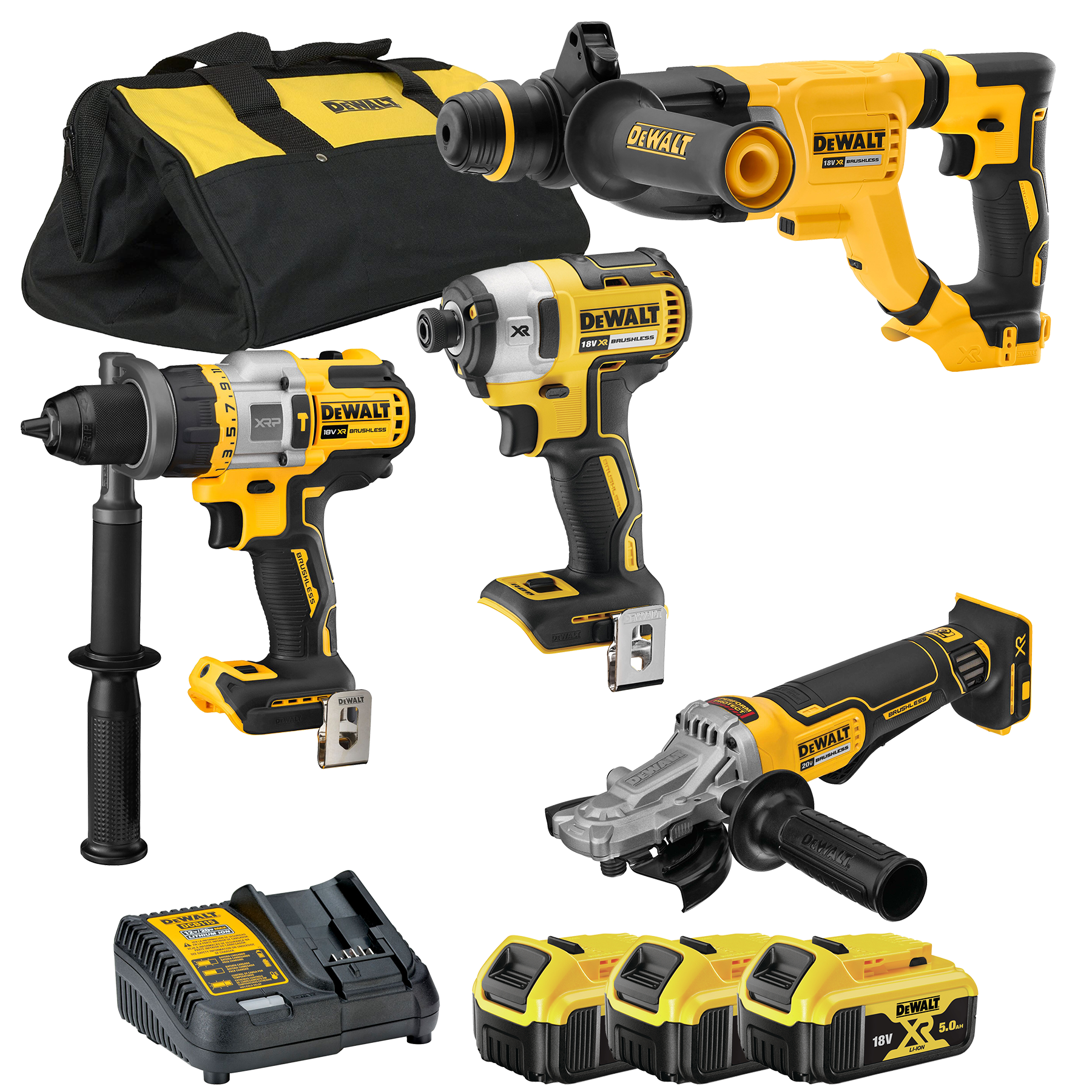 סט DeWALT 18V הכולל מברגת אימפקט, מקדחה, פטישון ומשחזת זווית – כולל 3 סוללות 18V 5Ah ומטען מהיר 887/263/413/999/P3-5AH  DeWALT
